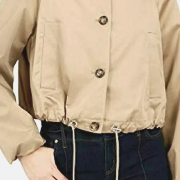 New INC Drawstring Button Front Wing Collar Tan Trench Jacket Shoulder F… - Picture 10 of 11